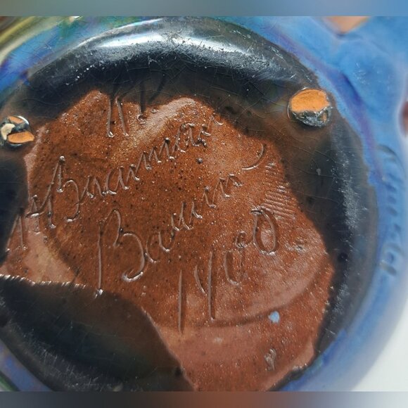 CH Brannam Barum Pottery Ceramic Mini Jug 1900 Dated Frog Fish Waves Blue 2.25" - Picture 12 of 16